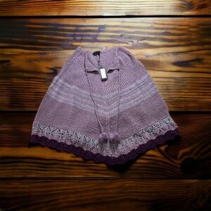 NWT Vertigo Purple sweater poncho with pom-pom ties